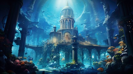 Obraz premium Underwater Palace with Golden Domes and Coral Reef