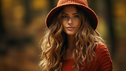 A woman with long brown hair and a red hat is smiling