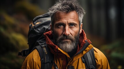 Obraz premium A man with a beard and a backpack is standing in the woods
