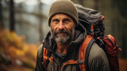 Obraz premium A man wearing a green hat and a backpack is smiling