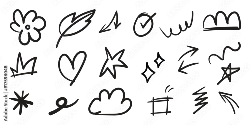 Poster hand drawn arrow mark icons vector. scribble doodle underline emphasis line shape set. brush stroke 