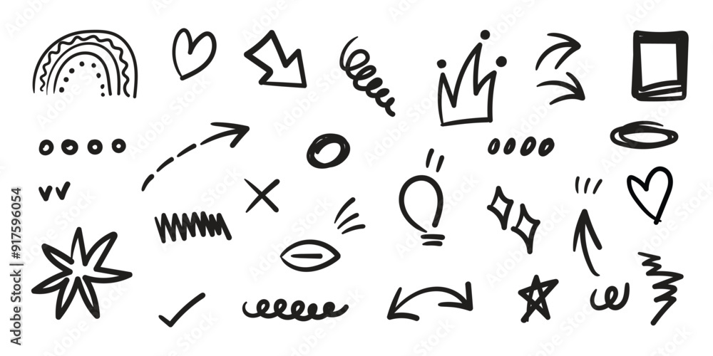 Poster hand drawn arrow mark icons vector. scribble doodle underline emphasis line shape set. brush stroke 