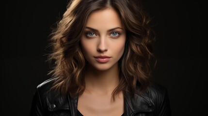 Fototapeta premium A woman with long brown hair and a black leather jacket
