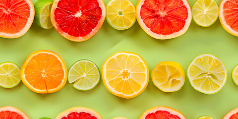 Seamless Abstract Colorful Flat Lay of Different Cut Lime, Citrus Fruits Slices, and Jellies Arranged in a Pattern Print for Textile, Packaging, Banner, Decor, Wrap, Fashion, Accessories, Web, Social.