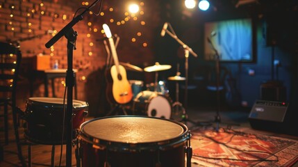 Naklejka premium A close up of a drum set on a stage in a dimly lit room