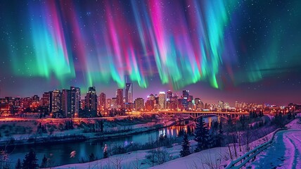 Obraz premium Cityscape under the Northern Lights, blending urban life with the mesmerizing beauty of the aurora boreal. Perfect for themes of wonder, modernity, and natural phenomena