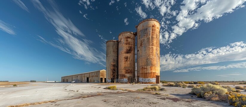 Rusty Grain Silos Under a Blue Sky