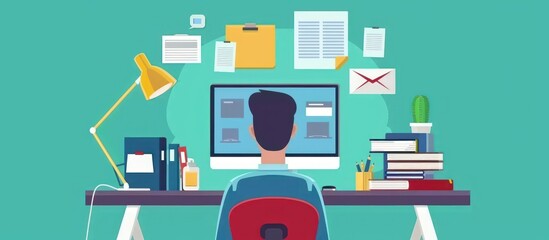 Man Working on Computer at Desk with Documents and Supplies
