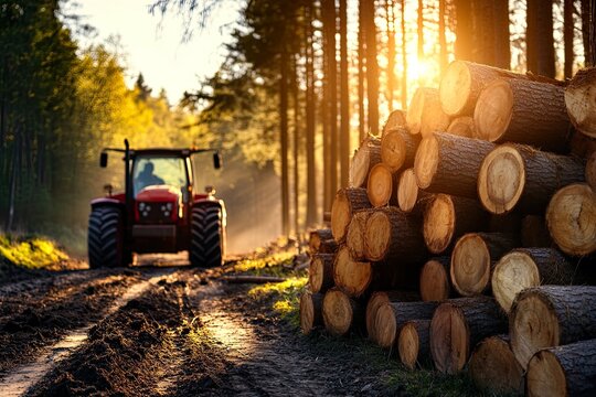 Logging operation with tractor in sunlit forest