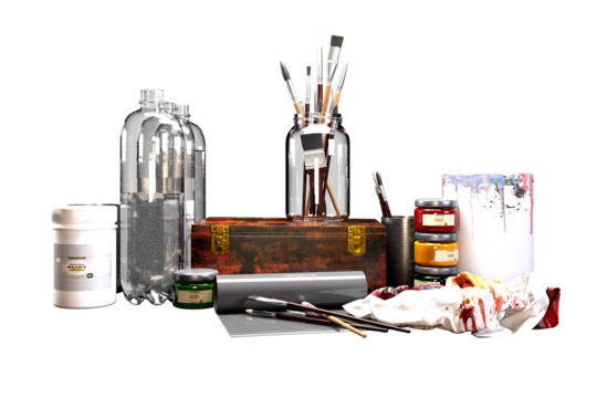 A collection of art supplies including paint, brushes, and jars - Powered by Adobe
