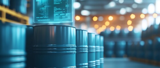 Data-Driven Petroleum Storage: Gasoline Barrels in Warehouse with Digital Distribution Display, Industrial Background in Cool Blue Tones - Realistic Style