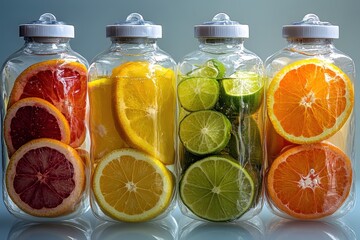 Transparent IV Bag Filled with Water and Citrus Slices on Blue Background, Isolated with White Background, Healthy Lifestyle Concept, High-Resolution Stock Photo