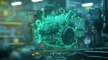 Cyberpunk Holographic Gasoline Supply Chains Over Disassembled Engine in Dark Industrial Setting