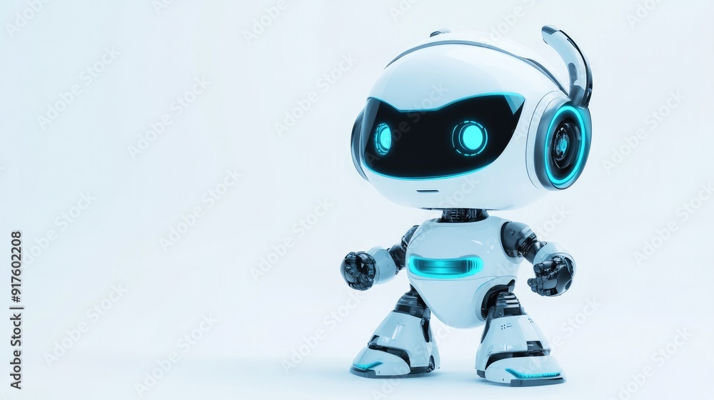 Poster adorable robot with a sleek headset, designed for virtual assistance, ready to serve. white backgrou