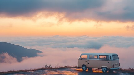 A classic van is parked on top of a mountain, with the sunrise and fog and mountains as a backdrop in the morning. Winter viewpoint, sea of fog. Leave space for text