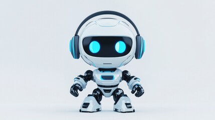 Adorable robot with headphones and mic, designed for online assistance. Set against a plain white background