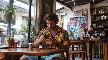 Fototapeta premium 240802 35. Digital nomad in eclectic Newtown, Sydney, A creative surfer-artist on an inspiration-seeking vacation takes a contemplative break in an alternative vegan cafe, working on his waterproof