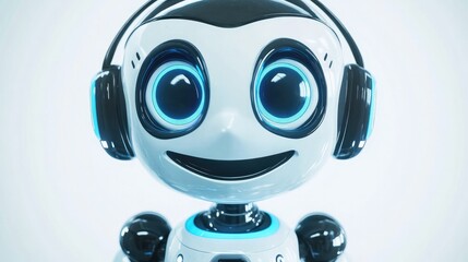 Cheerful robot assistant with large eyes, equipped with a headset, smiling warmly. White background