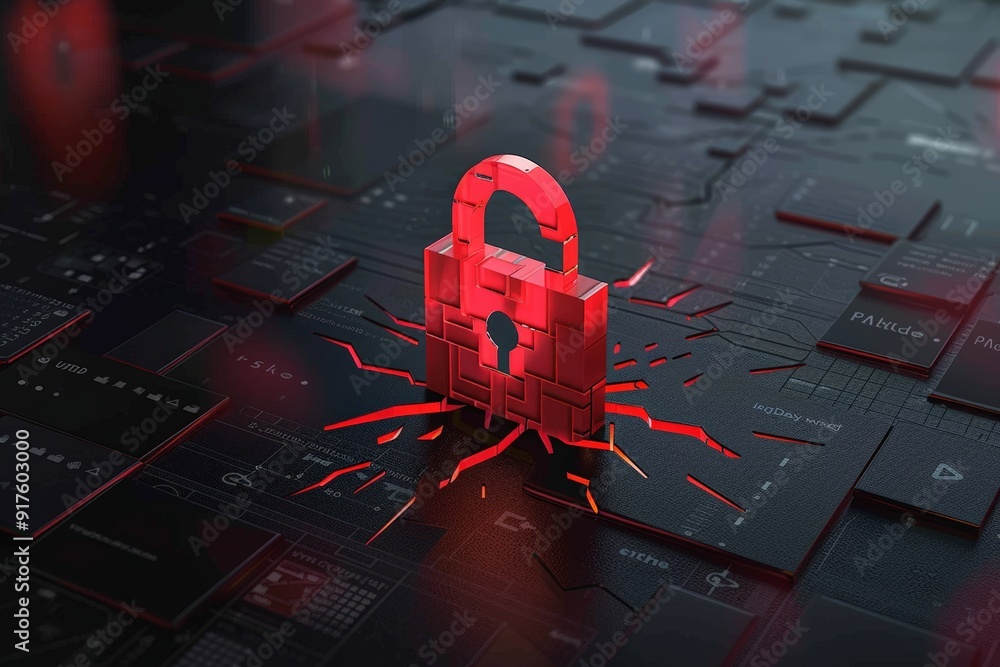 Poster a red broken padlock symbolizes the vulnerability of a system under attack.