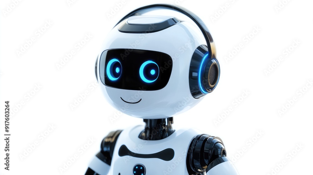 Poster cute robot with a headset, standing by to assist users virtually. friendly and approachable on white