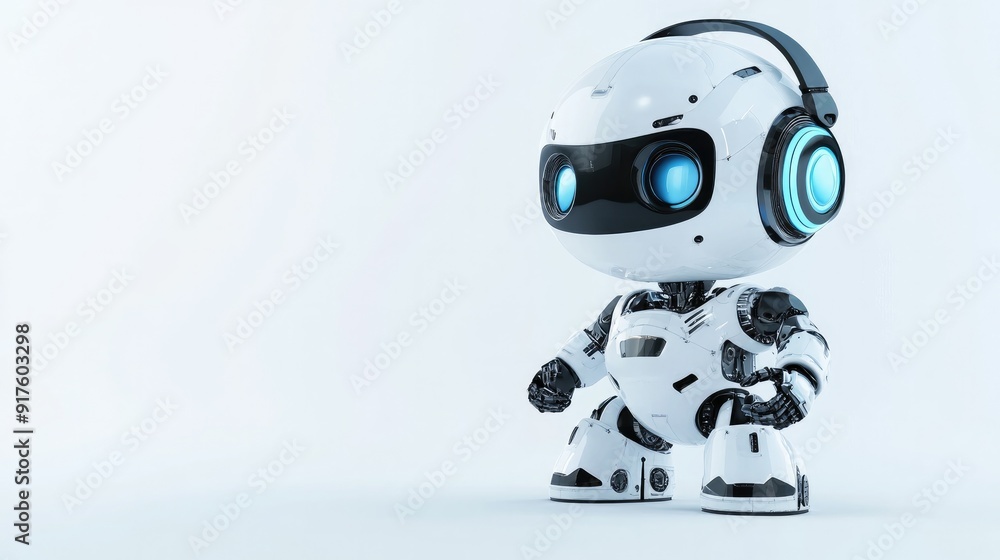 Poster cute robot with a headset, standing by to assist users virtually. friendly and approachable on white