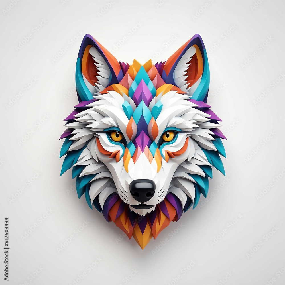 Sticker colorful retro theme wolf head 3d art logo in plain white background