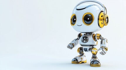 Cute robot with a warm smile, wearing a headset, standing by to assist. Isolated on a plain white background