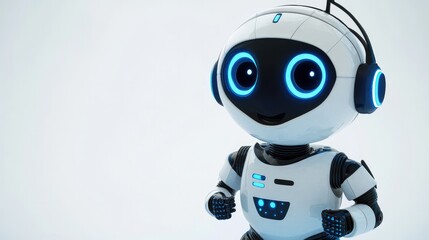 Friendly robot assistant with big eyes, equipped with a headset, smiling and ready to help. White background