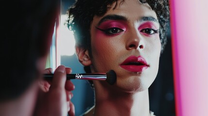 Fototapeta premium Candid close up of a gay male drag queen applying pink makeup in the mirror. AI generated