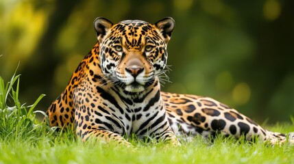 Obraz premium A jaguar is seen sitting in the grass seemingly waiting for prey