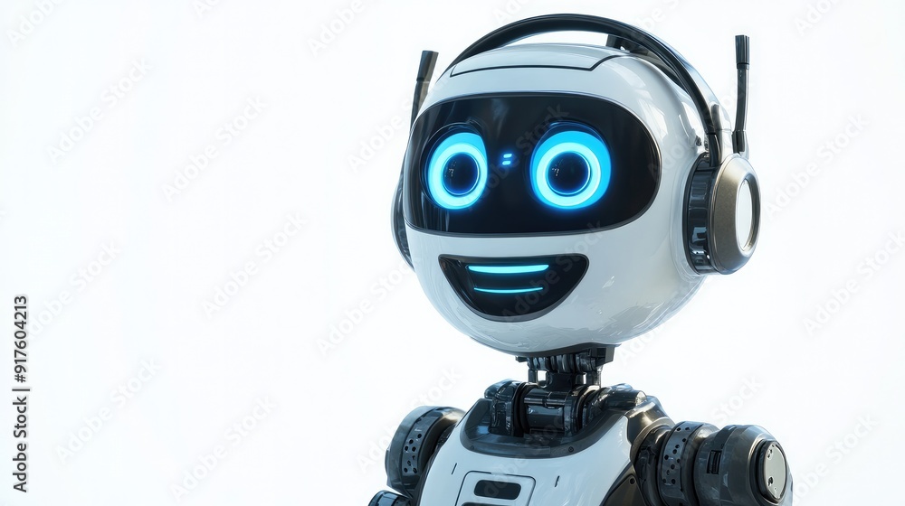 Poster robot assistant with a cheerful expression, wearing a headset, standing by to help. isolated on whit