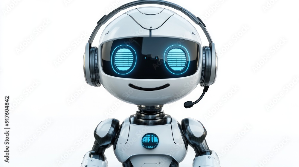 Poster robot with a headset, animated expression, serving as a virtual assistant. set against a plain white
