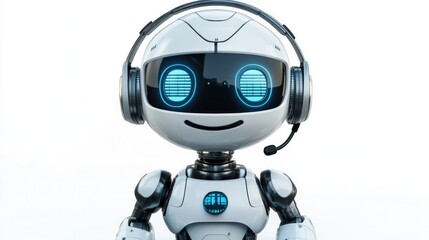 Robot with a headset, animated expression, serving as a virtual assistant. Set against a plain white background