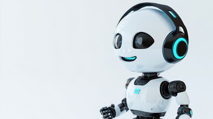 Smiling robot with headphones and microphone, eager to assist online. Bright and friendly design on a white backdrop