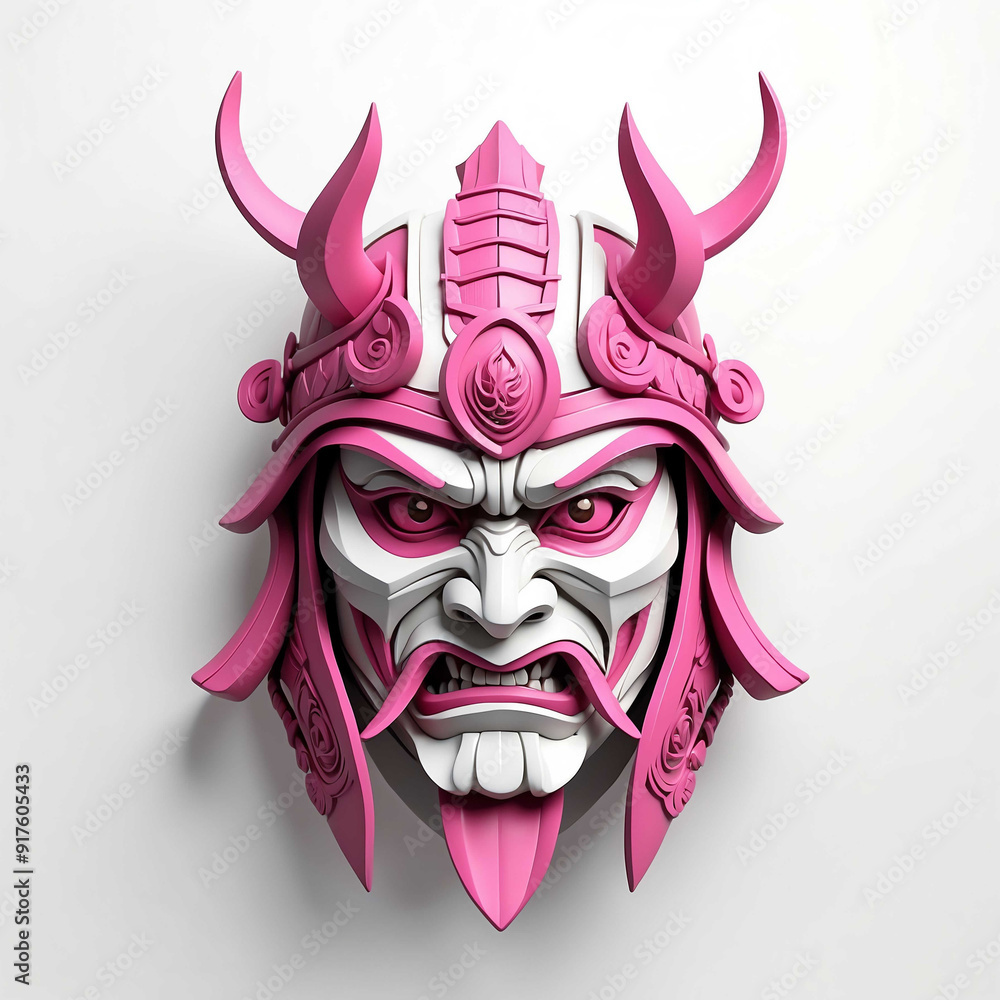 Sticker pink theme samurai head 3d art logo in plain white background