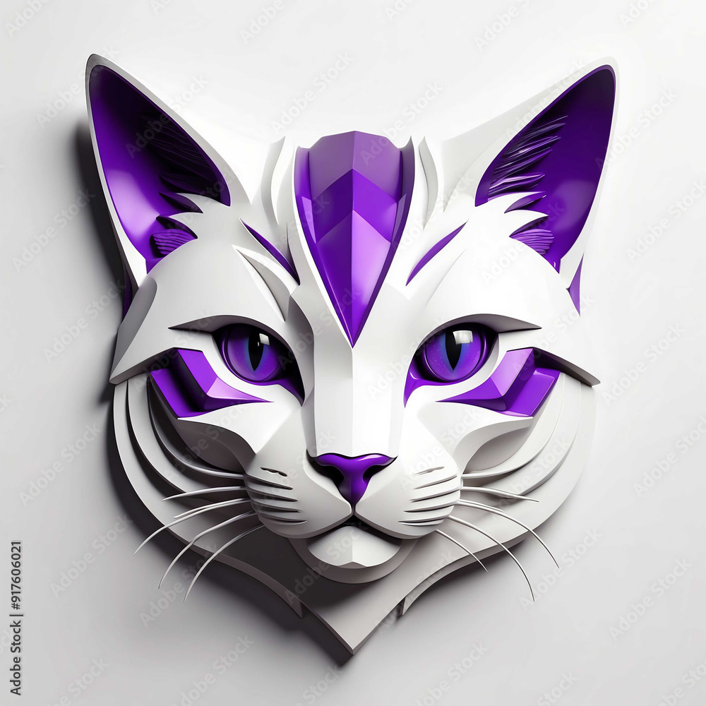 Wall mural purple theme cat head 3d art logo in plain white background