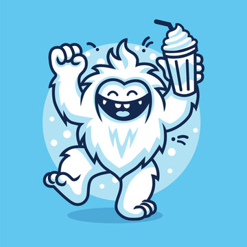 Happy Dancing Yeti while Carrying Milkshake Vector Illustration