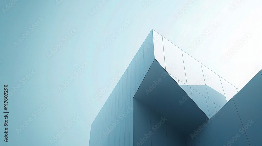 Poster geometric architecture in azure serenity: modern building facade with clean lines against a serene b