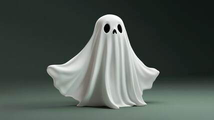 Cartoon ghost with white sheet and dark eye holes on grey background