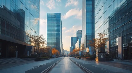 Obraz premium Urban Sunrise Majesty: Empty city street at dawn, framed by modern skyscrapers reflecting the golden light, evokes a sense of futuristic ambition and serene potential.