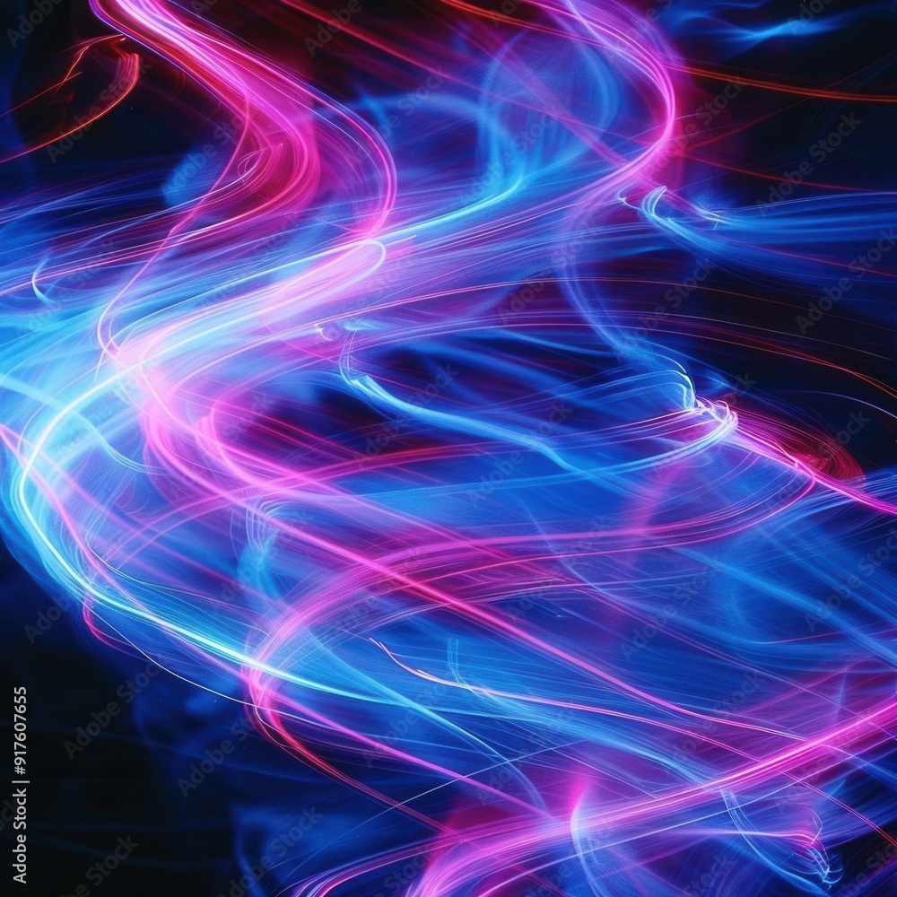 Poster the dynamic display of neon futuristic light lines streaking across a black background