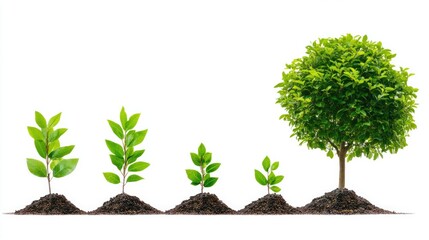 Fototapeta premium Growth stages of a tree, showing the development from seedling to large tree. Clean white background