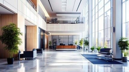 Modern Corporate Lobby: A spacious and inviting corporate lobby with sleek design elements, natural light streaming through large windows, and lush greenery. 