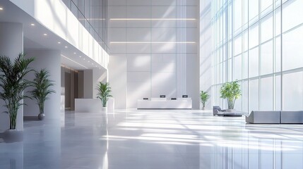 Fototapeta premium Modern Office Lobby: A pristine and spacious office lobby bathed in natural light. The minimalist design, with sleek white surfaces and potted plants, exudes professionalism and tranquility, creating 
