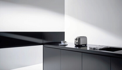 Minimalist kitchen with black and white design and toaster on counter

