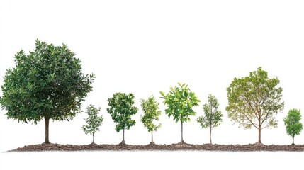 Illustration of tree growth, from seedling to mature tree, showing each development stage. Isolated on white