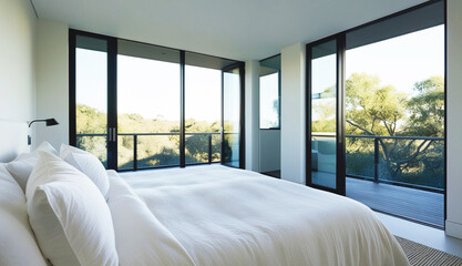 Modern bedroom with large windows overlooking nature

