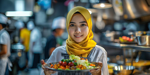 A smiling female chef in a hijab presents a plate of food in a busy restaurant kitchen.. asian woman