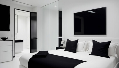 Modern minimalist black and white bedroom interior with sleek design


