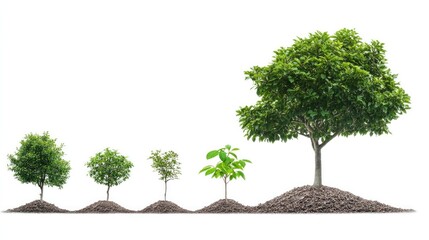 Illustration of tree growth stages, from seedling to mature tree, isolated on a clean white background
